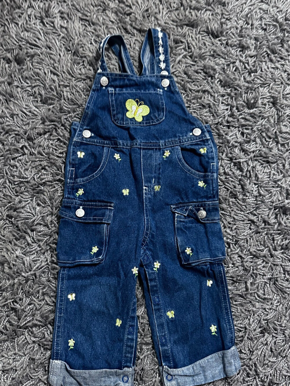 2000s Kids Butterfly Embroidered Cotton Denim Overalls Size 18M